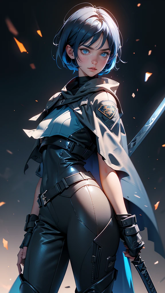 envision a 8k, highres, cinematic, beautiful full body splash art of a Slender tomboy with short dark blue hair, long bangs, blue eyes, freckles, Military Jacket, Tactical Tight Pants, Black Cape, Riot Gear Police accessories, Long Leather Boots, Sword on back, in dark lighting, against a dark gray background