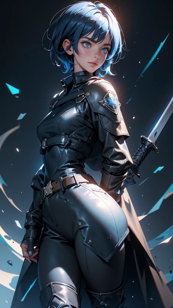 envision a 8k, highres, cinematic, beautiful full body splash art of a Slender tomboy with short dark blue hair, long bangs, blue eyes, freckles, Military Jacket, Tactical Tight Pants, Black Cape, Riot Gear Police accessories, Long Leather Boots, Sword on back, in dark lighting, against a dark gray background