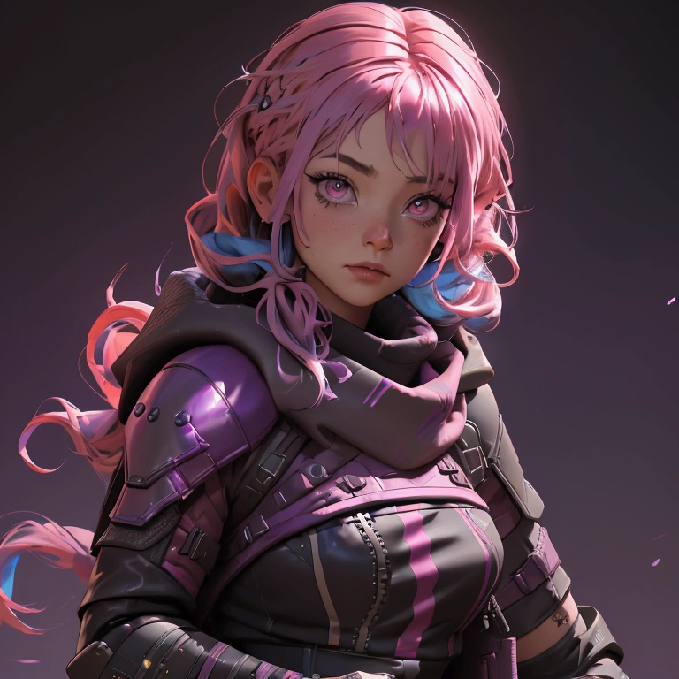 envision a 8k, highres, cinematic, beautiful close up portrait of a girl with pink hair multicolored hair, long bangs, pink eyes, Military Gear, Apex Legends, Wraith Armor, Tactical Skirt, Torn Tights, Cyberpunk armor, Purple Scarf, Long Leather Boots, in dark lighting, against a dark gray background