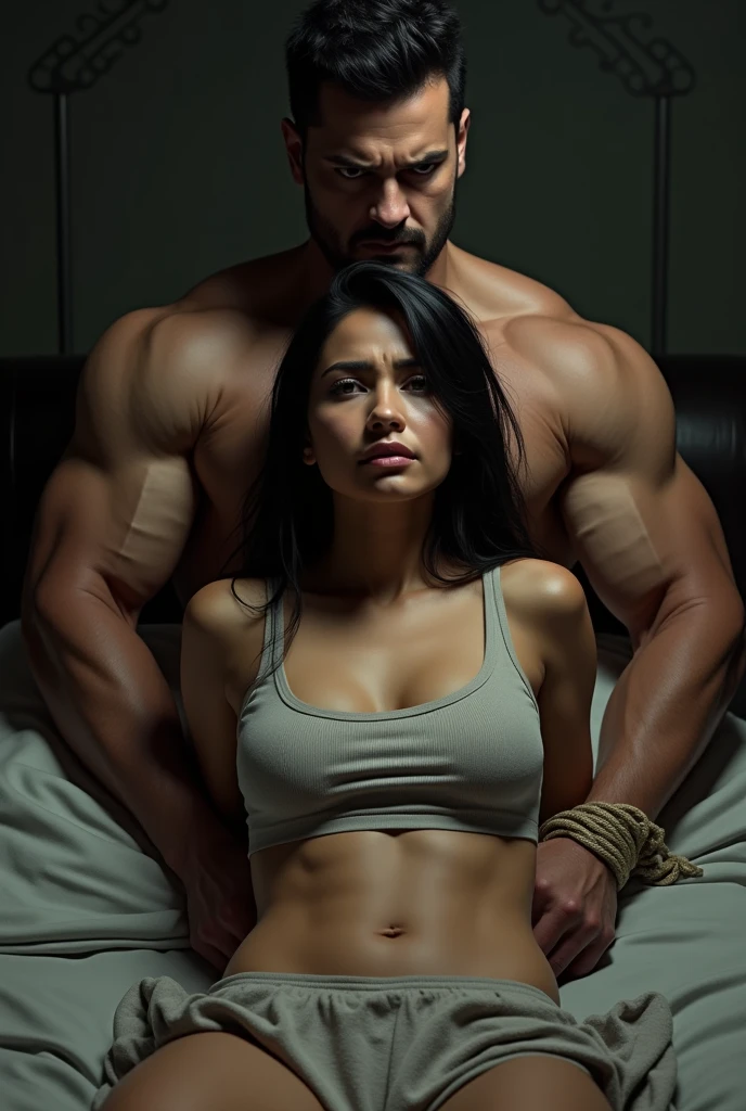Muscular man holding a curvy unconscious girl in a short dress