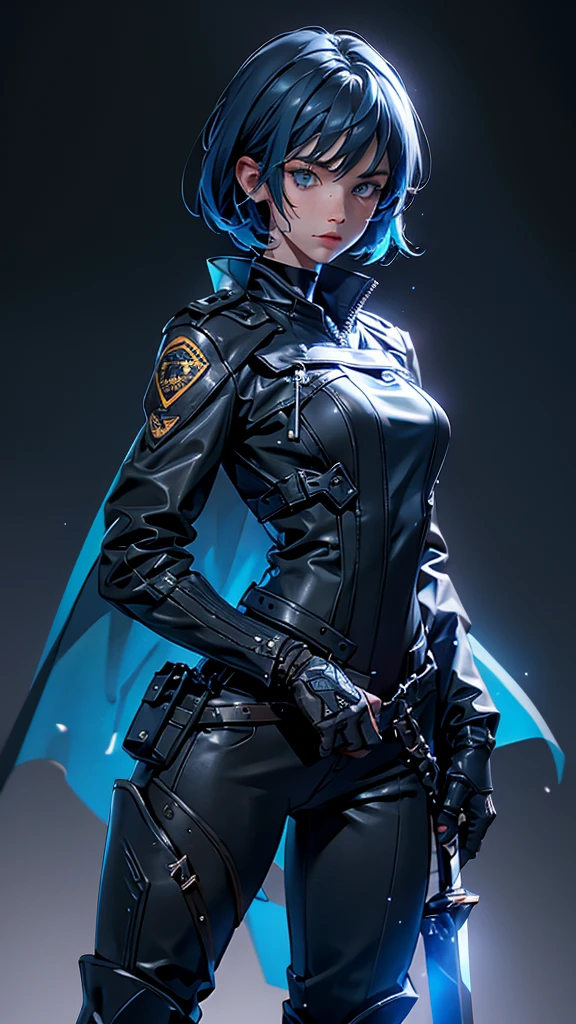 envision a 8k, highres, cinematic, beautiful full body splash art of a Slender tomboy with short dark blue hair, long bangs, blue eyes, freckles, Military Jacket, Tactical Tight Pants, Black Cape, Riot Gear Police accessories, Long Leather Boots, Sword on back, in dark lighting, against a dark gray background