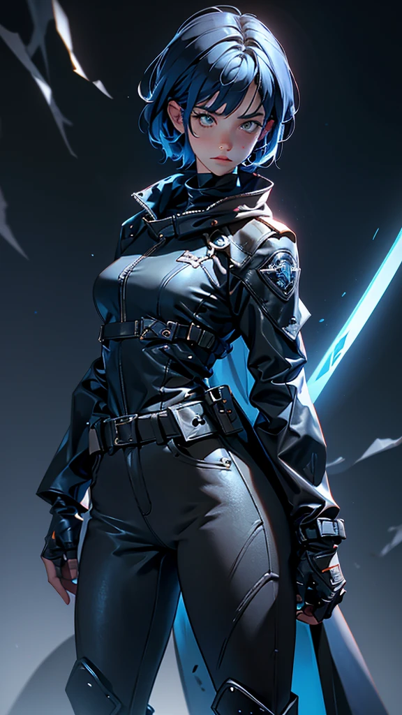 envision a 8k, highres, cinematic, beautiful full body splash art of a Slender tomboy with short dark blue hair, long bangs, blue eyes, freckles, Military Jacket, Tactical Tight Pants, Black Cape, Riot Gear Police accessories, Long Leather Boots, Sword on back, in dark lighting, against a dark gray background