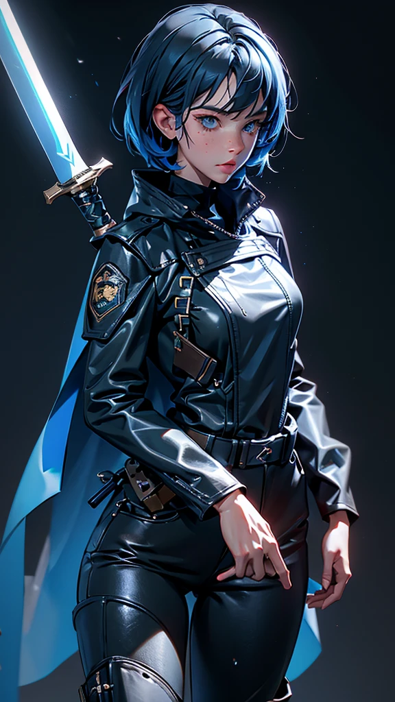 envision a 8k, highres, cinematic, beautiful full body splash art of a Slender tomboy with short dark blue hair, long bangs, blue eyes, freckles, Military Jacket, Tactical Tight Pants, Black Cape, Riot Gear Police accessories, Long Leather Boots, Sword on back, in dark lighting, against a dark gray background