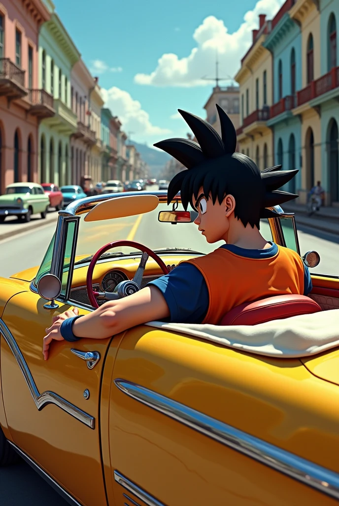 Goku driving a 1955 Ford convertible in Havana 