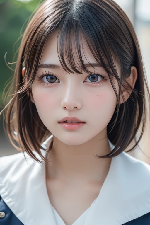 (8k，Highest quality，RAW Photos，超High resolution，High resolution，Attention to detail，Attention to detail，超High resolution)，(((Very beautiful girl)))，(school uniform)，Realistic atmosphere，Center image，pretty girl，，Baby Face，beautiful girl，Very beautiful eyes，Big eyes，detailed eyeouth details，Front view，Perfect Anatomy，( Excellent anatomy:1.2)，Perfect limbs，detailed，Physically Based Rendering，Beautiful eyes in every detail，Glossy Lips，double eyelid，Long eyelashes，Natural Makeup，Glowing White Skin，Shiny bob hair，Light on the face，True Face，Portraiture，View from the front，Face close-up，View Photographer，