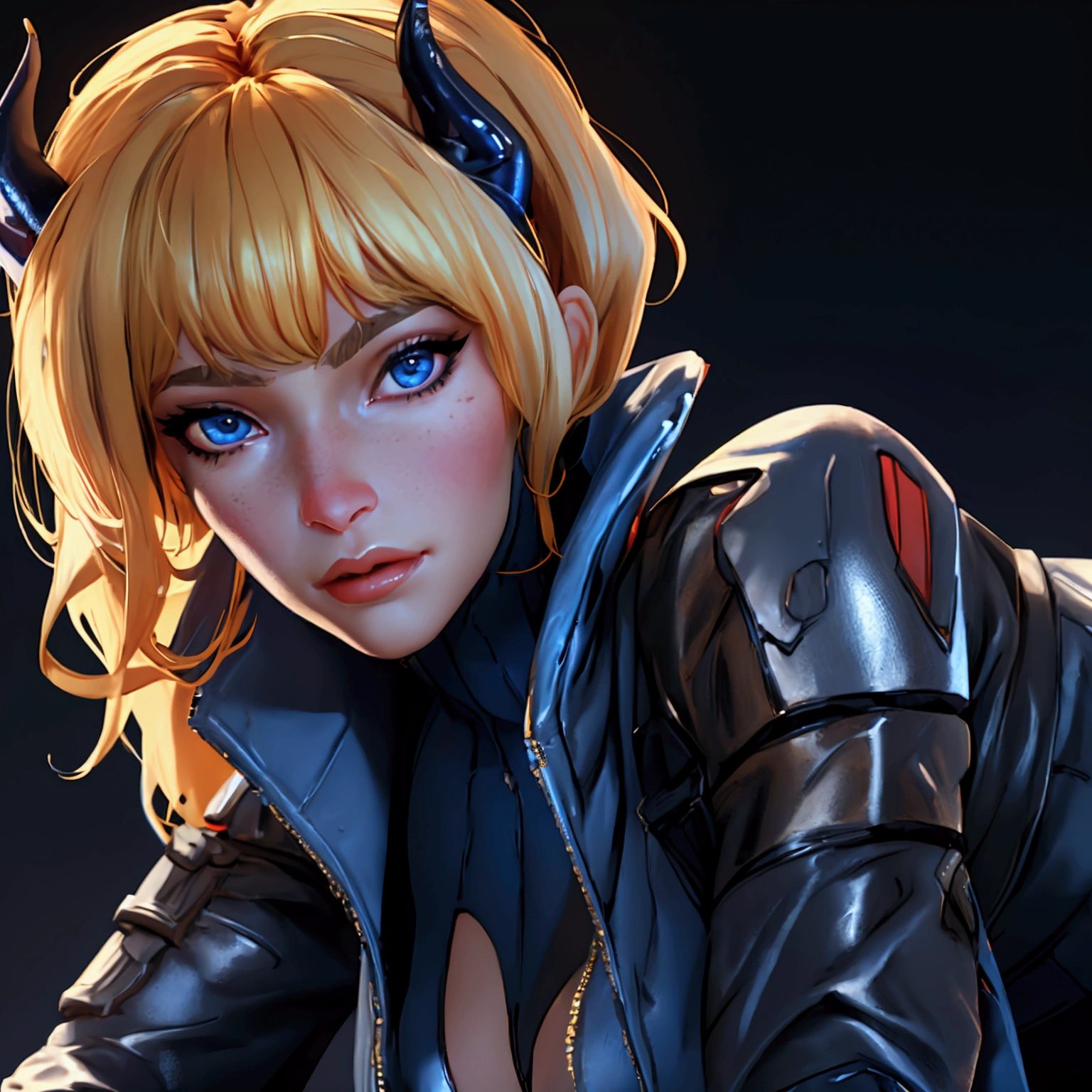 envision a 8k, highres, cinematic, beautiful close up portrait of a Sexy Mature Milf Woman with blonde hair, long bangs, blue eyes, Military Gear, Apex Legends, black leotard, Devil Horns, Devil Wings, Devil Tail Tactical Skirt, Torn Tights, Cyberpunk armor, Cropped Jacket, Long Leather Boots, in dark lighting, against a dark gray background