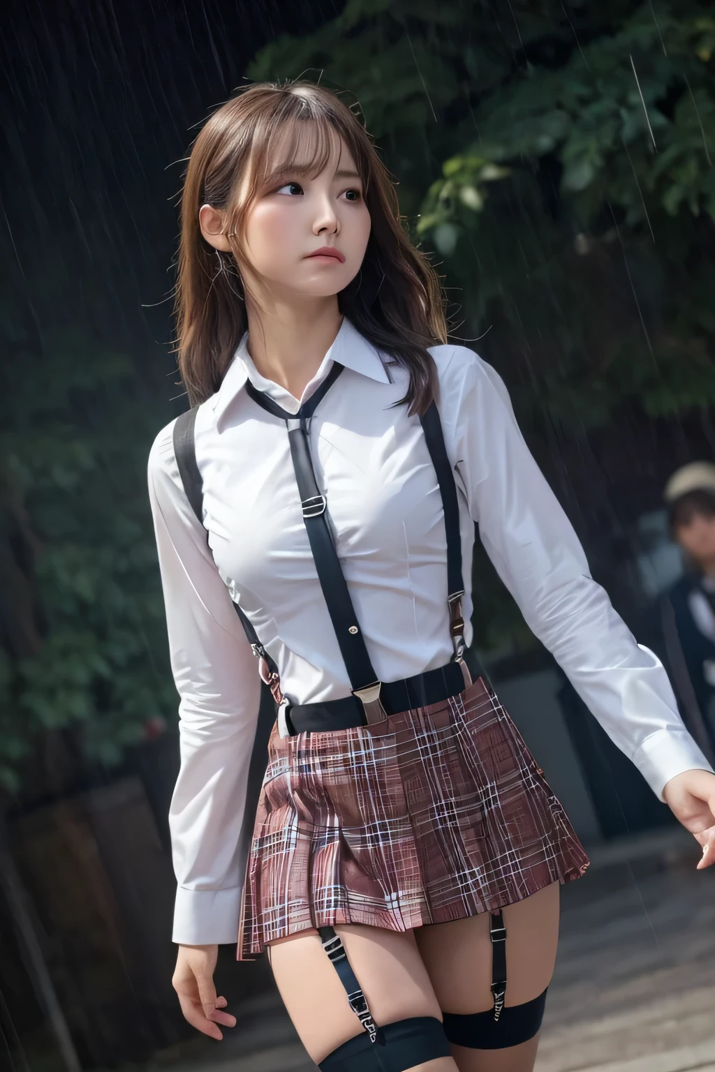 1 female, , high quality, masterpiece, Ultra-high resolution, Cinema Lighting, 1 female, , high quality, masterpiece, Ultra-high resolution, , Cinema Lighting, suspenders　　　Moderate breasts　 　 　　　　　 　　　　Small face　 　　　　　　　　　　　Looking up　　　　Sweat 　　　Thin belt　buzzer　脇Sweat 　　　　 　garter belt　　Belt on pants　　holster　 　　Hands behind your back　 　Looking up　Anxious face　Knee-high　Knee socks　Knee-highソックス 　garter　ふとももにgarter belt　Checkered mini skirt　 　　Panty shot　Skirt gap Armament　　　holster　holster 　　Hands behind your back　 Anxious expression　　Anxious face, legs apart　Armament　　Leg Holster　holster　See-through clothing　heavy rain　Rain-soaked dress shirt,Moderate breasts　ガーターbelt　suspenders　Garter on the thigh　Checkered mini skirt　Looking up　Pause　belt　Armpit sweat　Hands behind back　Raise your hands
