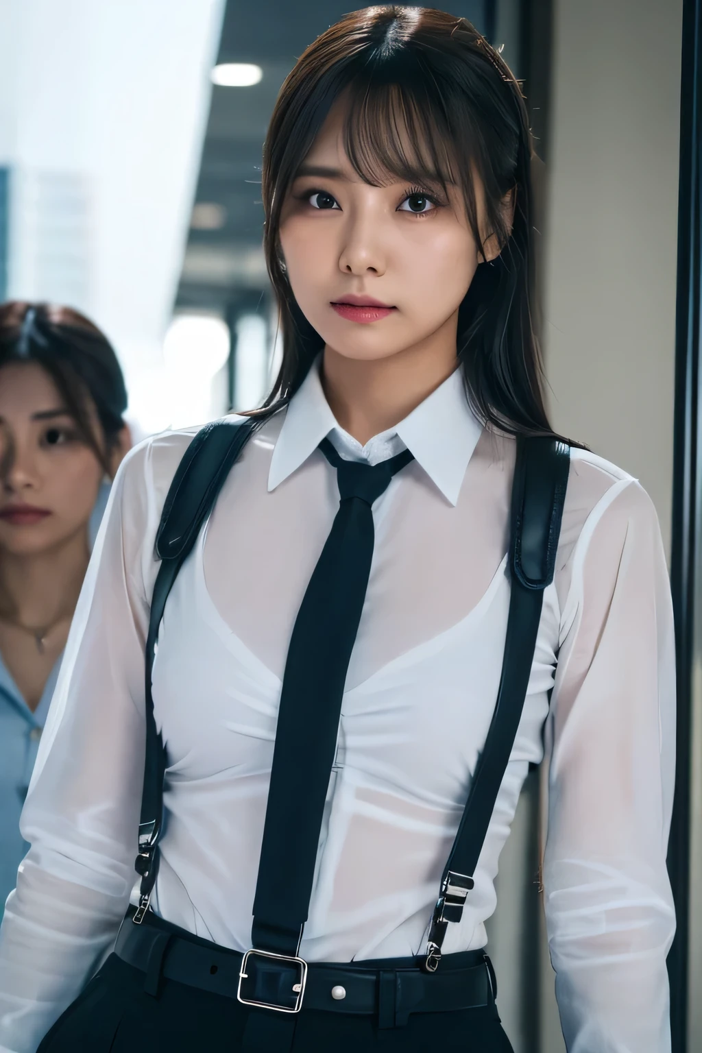 a woman in a suit, belt, hands behind back, sweating, suspenders, black pants, sexly, large breasts, see-through clothing, rain, detective, office worker, white button-up shirt, (best quality,4K,8k,highres,masterpiece:1.2),ultra-detailed,(realistic,photorealistic,photo-realistic:1.37),hyper-detailed,highly detailed face and body, Slender　thin　suspenders　Moderate breasts　See-through shirt　Nipples　holster　chain　Pistol　Armament　criminal　Female criminal　knife　japanese　profile　Japanese women　arrested handcuff　belt
