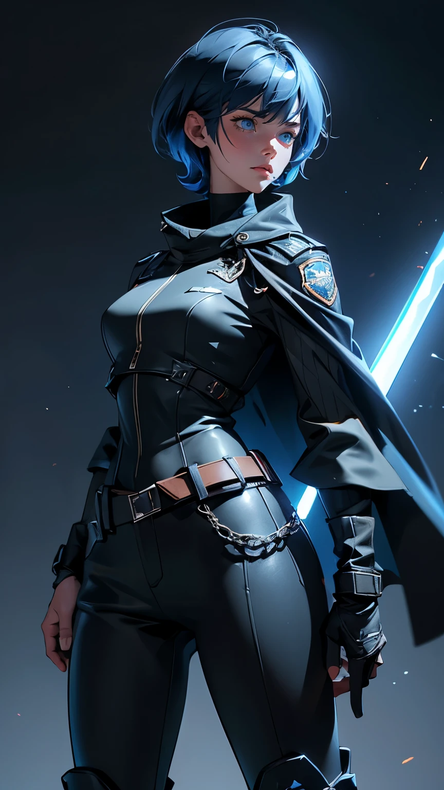 envision a 8k, highres, cinematic, beautiful full body splash art of a Slender tomboy with short dark blue hair, long bangs, blue eyes, freckles, Military Jacket, Tactical Tight Pants, Black Cape, Riot Gear Police accessories, Long Leather Boots, Sword on back, in dark lighting, against a dark gray background