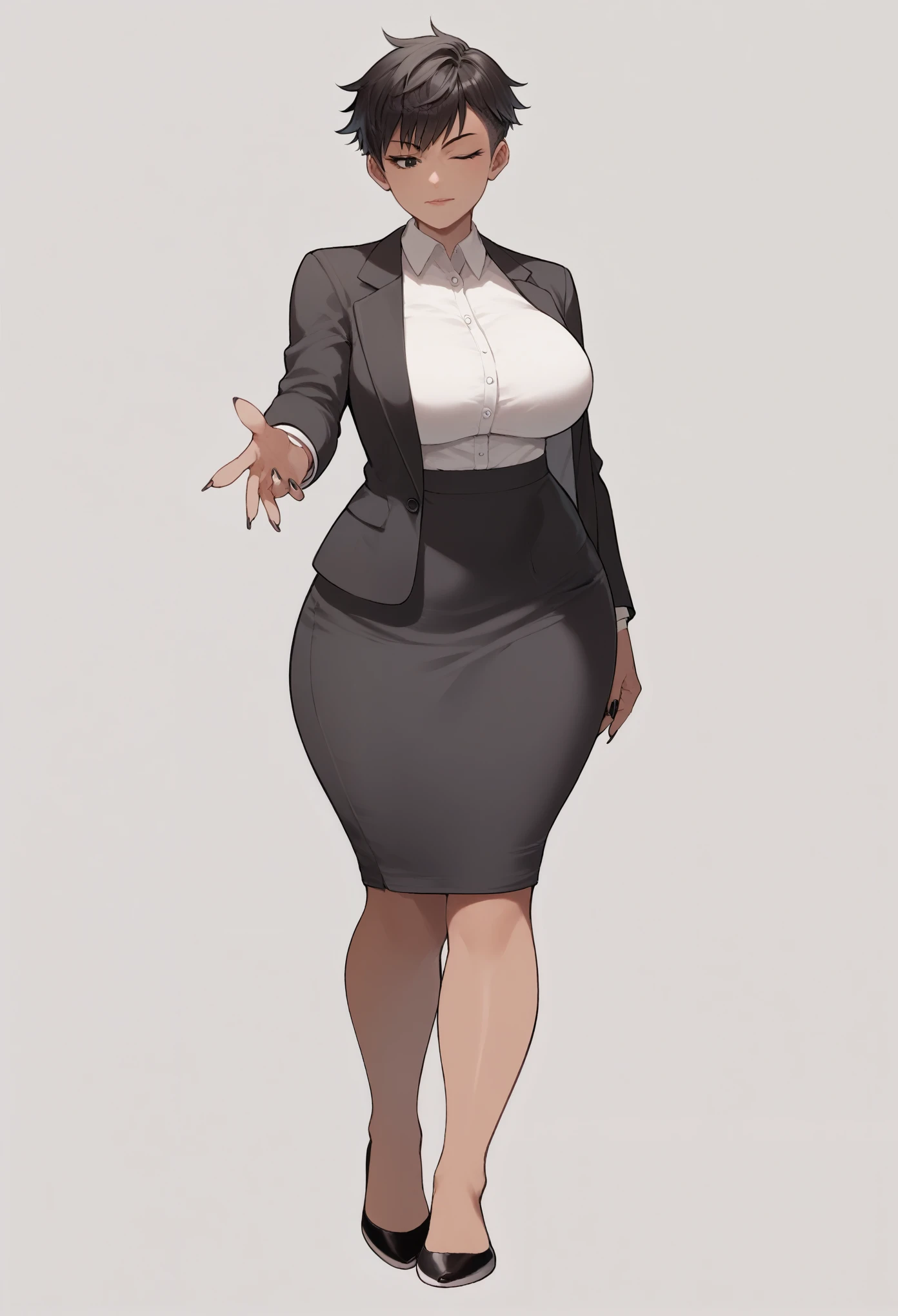 Score_9, score_8_up, score_7_up, score_6_up, source_anime, Nyantcha style, 1girl, solo, Short black hair, hair bangs, tan skin, messy, pixie cut hairstyle, short hairstyle, tomboy hairstyle, adult woman, young woman, detailed eyes, beautiful eyes, busty, huge breasts, wide hips, thick thighs, shapely legs, entire body showing, long fingernails, clear nail polish, black blazer, white button up shirt under, professional pencil skirt, long pencil skirt, long skirt, skirt reaching to her knees, ballerina flats shoes, black footwear, standing, side angle, both hands resting on her hips, no expression