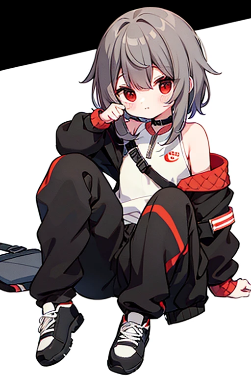 gray track jacket, red eyes, black long pants, full body, high quality, sitting, White background,