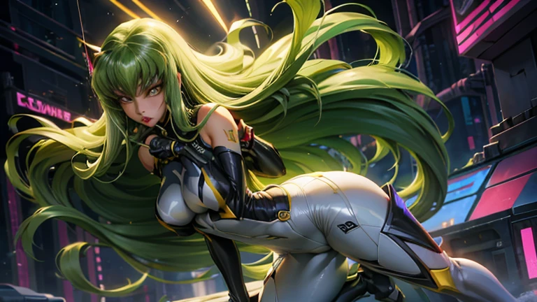 Code Geass, C.C, 1girl, (((bimbo))), long green hair, yellow eyes, ear rings, puffy lips, painted lips, thick lips, wide hips, thick thighs, small breast, huge ass, revealing cleavage, bubble butt, camel toe, Breasts, skin tight white venom, white venom, venom absorption,  legs posing, full body, skydiving, night time city, cyberpunk,