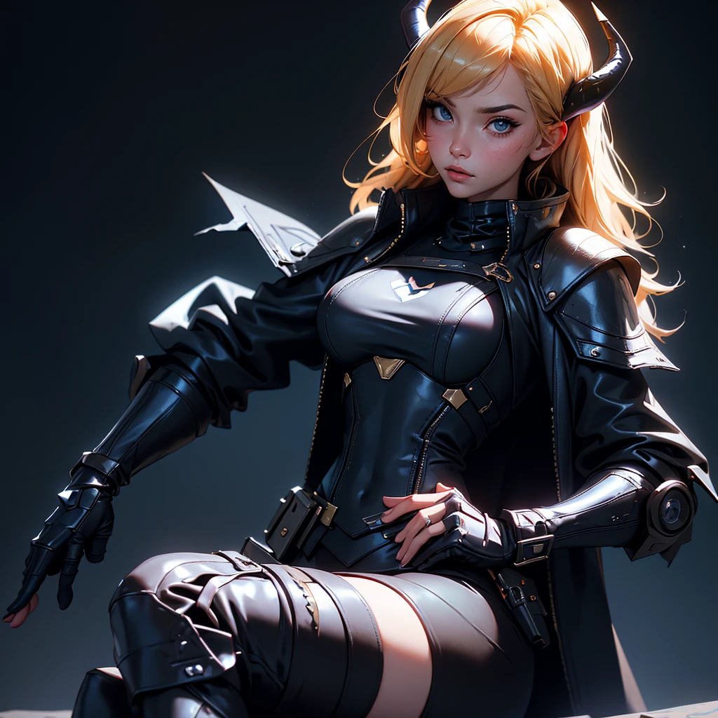 envision a 8k, highres, cinematic, beautiful close up portrait of a Sexy Mature Milf Woman with blonde hair, long bangs, blue eyes, Military Gear, Apex Legends, black leotard, Devil Horns, Devil Wings, Devil Tail Tactical Skirt, Torn Tights, Cyberpunk armor, Cropped Jacket, Long Leather Boots, in dark lighting, against a dark gray background