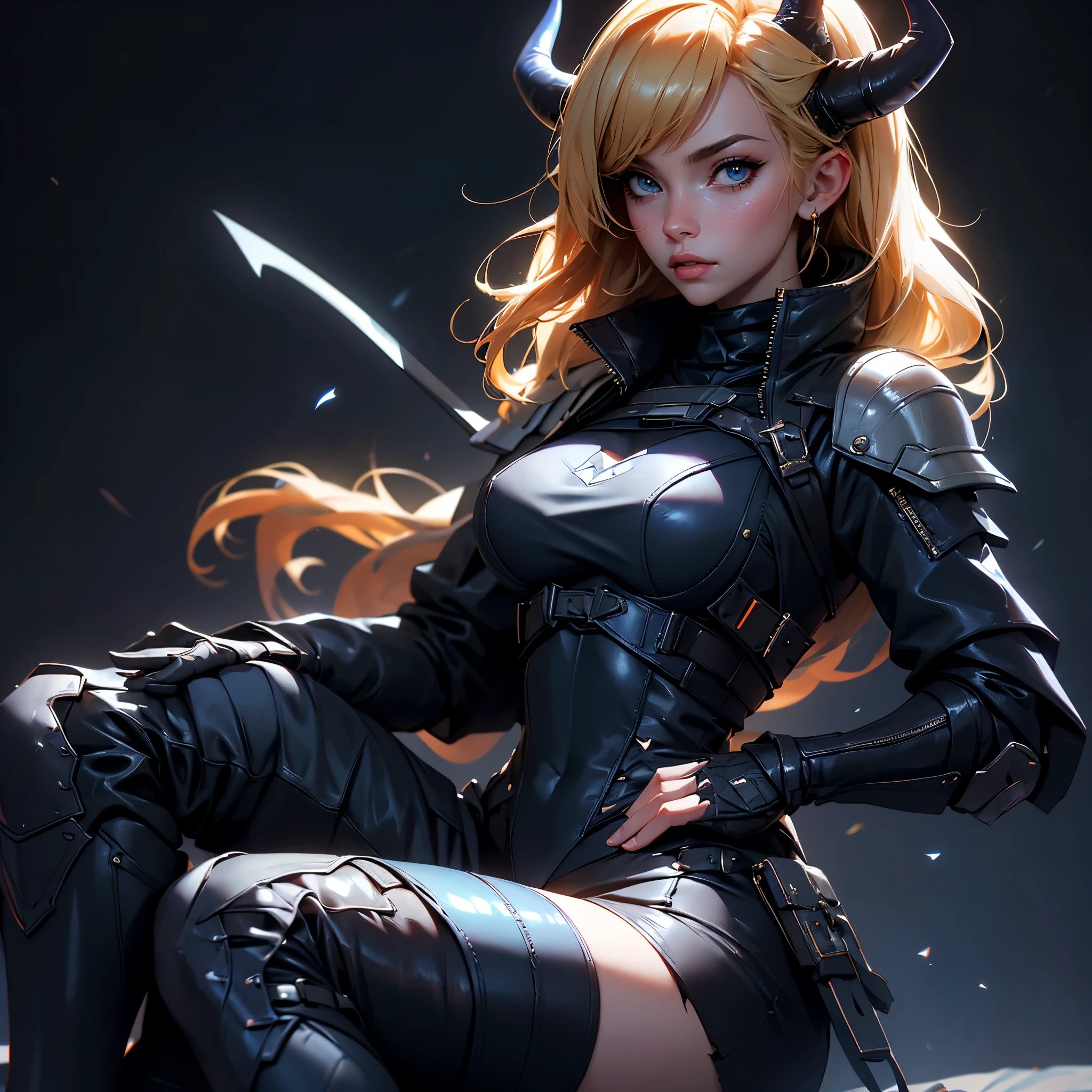 envision a 8k, highres, cinematic, beautiful close up portrait of a Sexy Mature Milf Woman with blonde hair, long bangs, blue eyes, Military Gear, Apex Legends, black leotard, Devil Horns, Devil Wings, Devil Tail Tactical Skirt, Torn Tights, Cyberpunk armor, Cropped Jacket, Long Leather Boots, in dark lighting, against a dark gray background