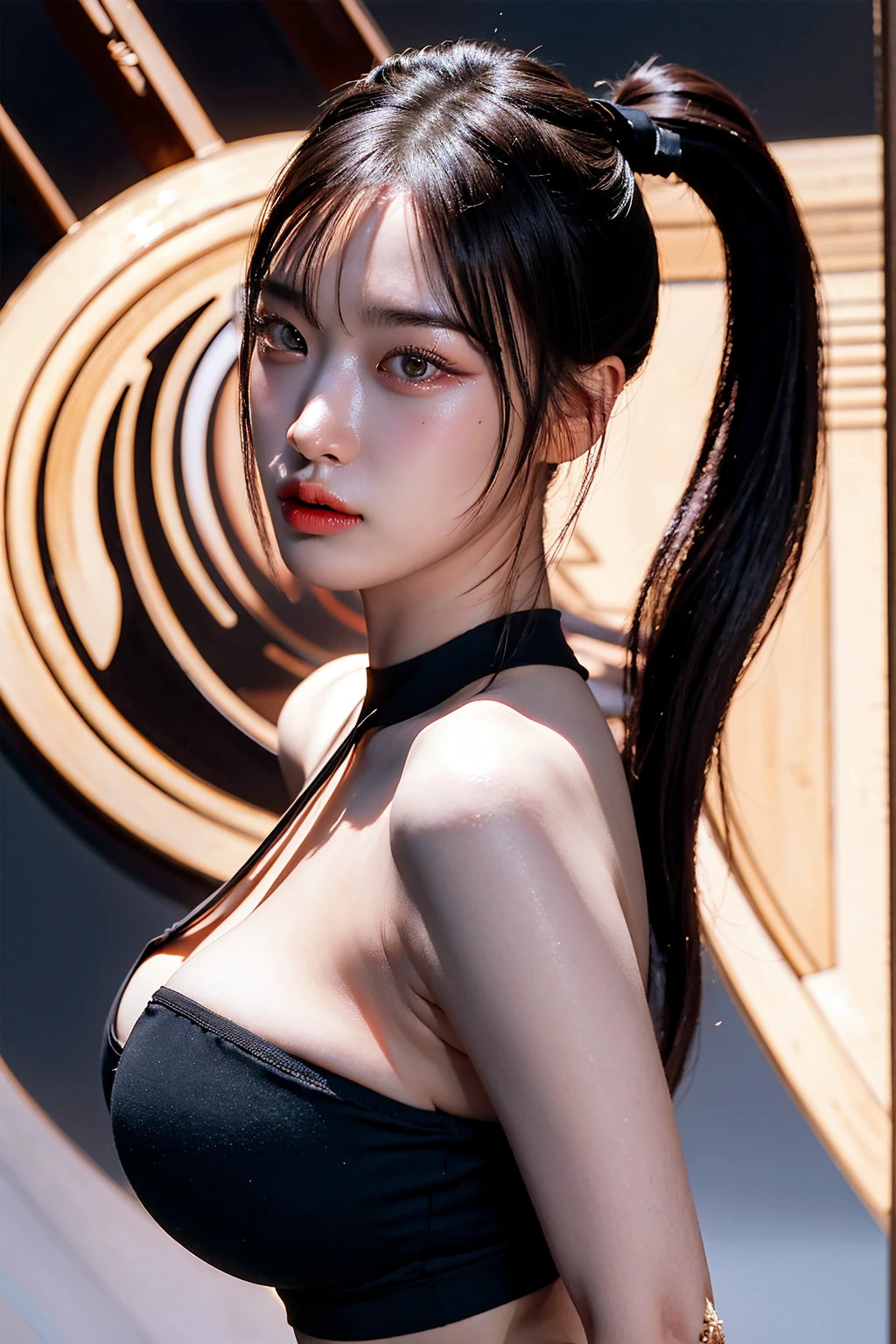 korean goddess, otherworldly, fierce young woman with gigantic breasts, beautiful golden eyes, intense gaze at viewer, smug, smirking, wuxia, masterpiece, pale skin, muscular, asura clan, extremely voluptuous, black-pink gradient hair, long ponytail, straight bangs, blunt bangs, smug expression, black eye liner, face focus, dark eyeshadow, bold eyebrows, refined face, extremely enormous breasts, narrow waist, very wide hips, thick thighs, huge ass, punk_goth, black tank top, hot pants, deep cleavage, bare shoulders, highly detailed face, black nails, toned, abs, 超High resolution,Textured skin, Super detailed, Detailed, high quality, 最high quality, High resolution, 8K, raytracing, handsome face