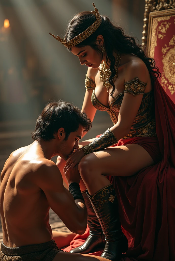 Realism, super quality, action battle photo style, boy is holding the the tip of the sword against defeated woman's throat, stabbing her throat, her head is thrown back, woman has large masculine Adam's apple, (woman is a 30-year-old warrior mom, feminine face, gothic makeup, naked chest, pale skin, long hair) (boy is her son) roman empire fight