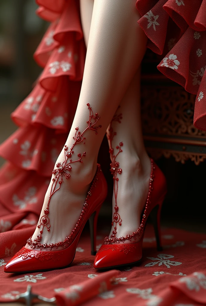 Bright red heels trampling on roses