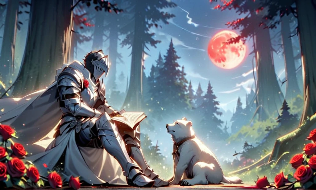 Male knight with a white hood with polar bear ears and a sword behind his back sits towards a  polar bear and a babywn bear in a forest his head leans against a tree his legs are angled forward while the moon shines, many Roses cover the ground and lightning falls from the sky. The baby polear plays with the baby brown bear while the knight enjoys watching them. Only the man wears a red blindfold. In the background of the picture is the blood moon and a tree has fallen down in the path. The forest is full of trees with leaves. The armor of the man is black and red roses decorate it. The sky is full of stars. The knight looks thoughtful into the sky. The knight sits on a staple of books.