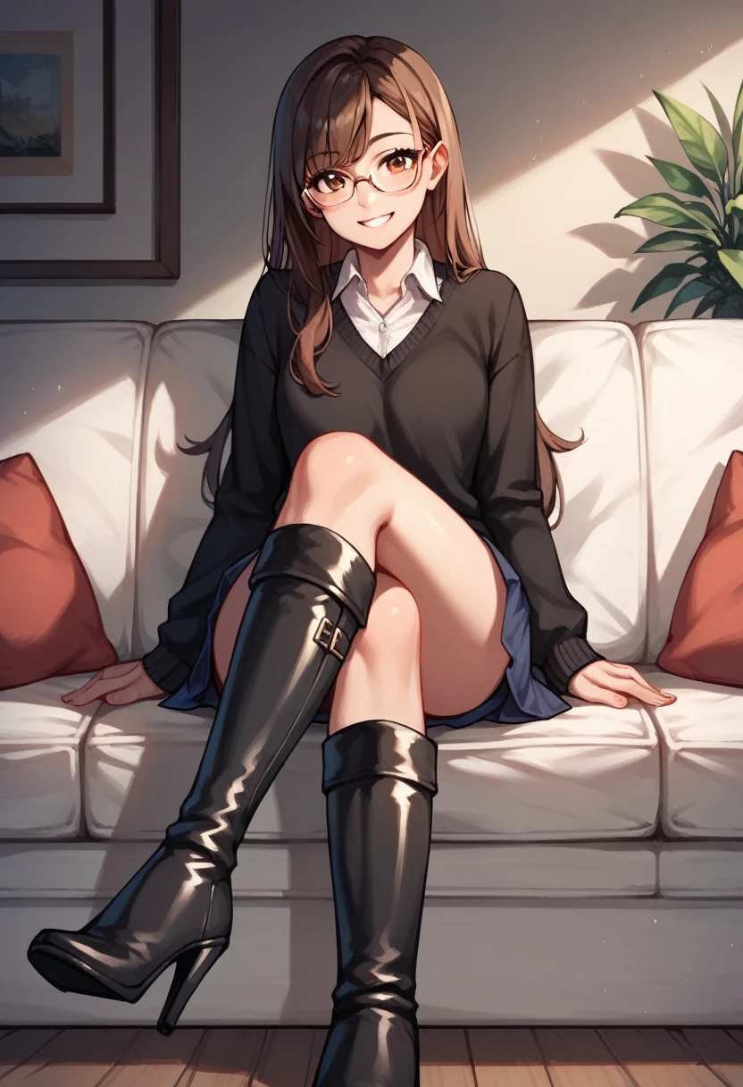 score_9, score_8_up, score_7_up, score_6_up, score_5_up, score_4_up, source_anime, 1girl,lora:amber1-000008:1>, amber5star, upper body, smile, brown hair, long hair, brown eyes, glasses, black cardigan, knee high boots, tall stilletos, black boots, heels, crossed legs, looking at the viewer, sofa, sit, room, best quality, best res, 4K UHD,
 