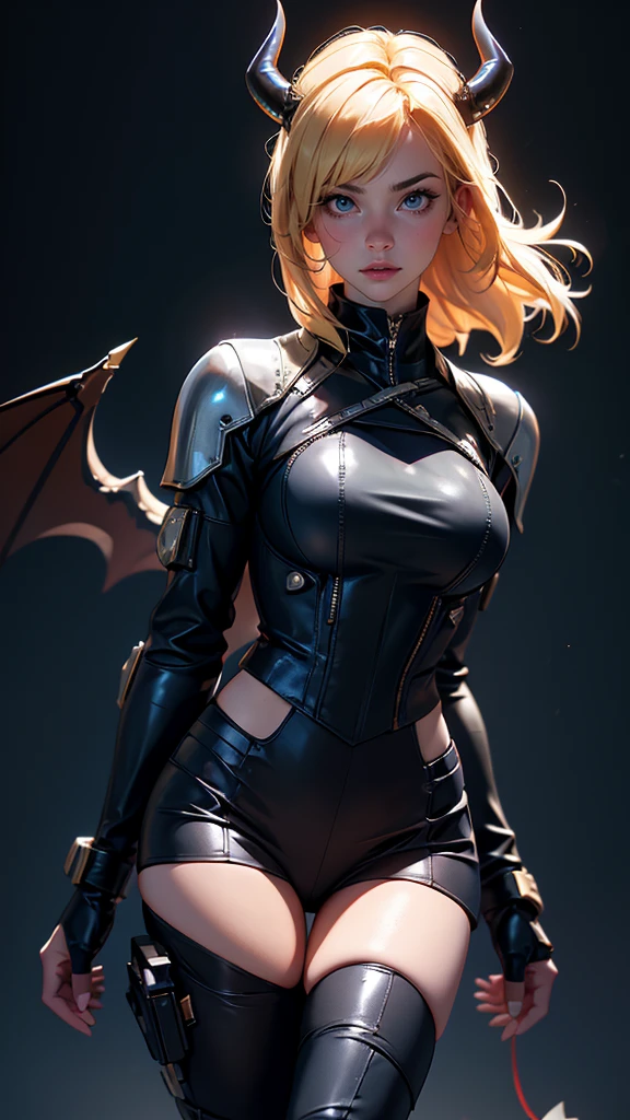 envision a 8k, highres, cinematic, beautiful Full Body splash art of a Sexy Mature Milf Woman with blonde hair, long bangs, blue eyes, Military Gear, Apex Legends, black leotard, Devil Horns, Devil Wings, Devil Tail Tactical Skirt, Torn Tights, Cyberpunk armor, Cropped Jacket, Long Leather Boots, in dark lighting, against a dark gray background