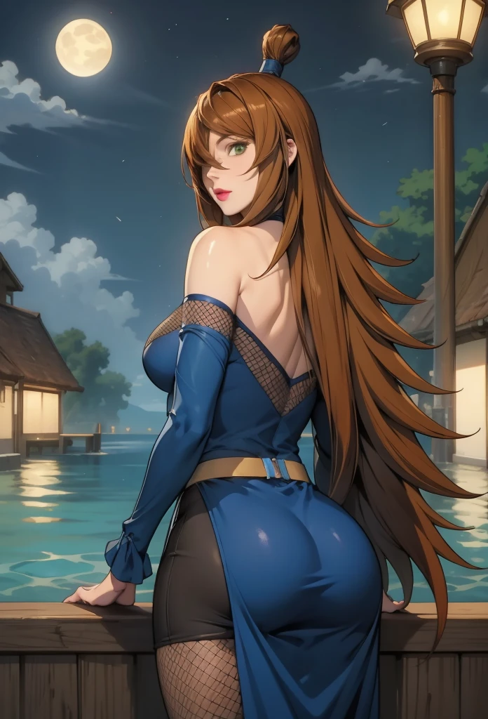 perfect eyes:1.2, detailed eyes:1.4, mei_terumi, long hair, breasts, brown hair, dress, bare shoulders, green eyes, off shoulder, hair over one eye, lipstick, cowboy shot, 1girl, solo, (masterpiece:1.6, best quality), 8k, insane details, intricate details, hyperdetailed, hyper quality, high detail, ultra detailed, professional, HDR, ray tracing reflection, cinematic lighting,