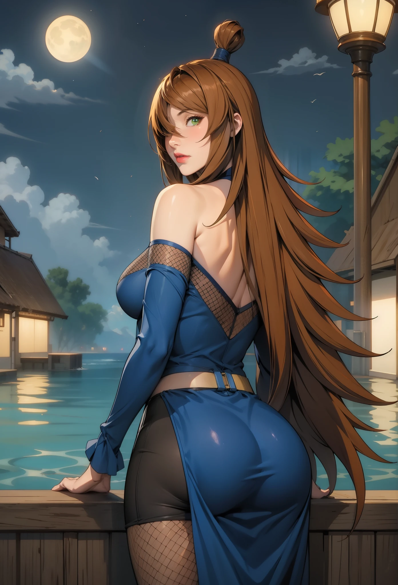 perfect eyes:1.2, detailed eyes:1.4, mei_terumi, long hair, breasts, brown hair, dress, bare shoulders, green eyes, off shoulder, hair over one eye, lipstick, cowboy shot, 1girl, solo, (masterpiece:1.6, best quality), 8k, insane details, intricate details, hyperdetailed, hyper quality, high detail, ultra detailed, professional, HDR, ray tracing reflection, cinematic lighting,