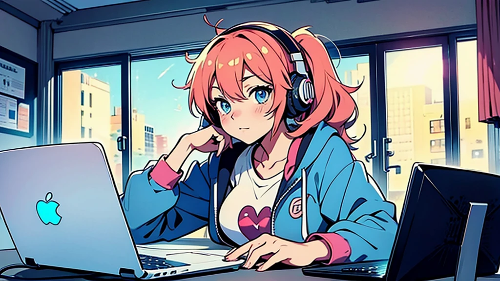 Anime, New York style, very cute,
She is alone in her room studying on her computer,
headphones on, hair sparkling,
Blue eyes,