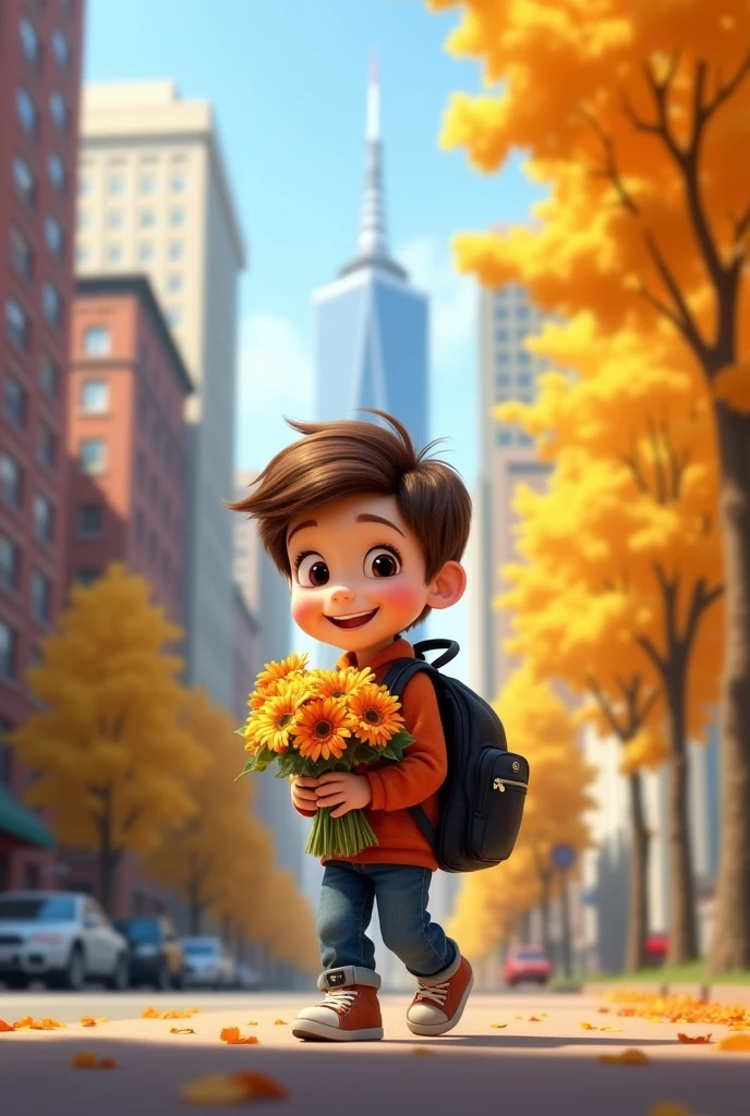 Disney style. pixar. Best quality,detailed background,Boy. Brown hair. black eyes. big eyes. On his back is a black school backpack. В руках у Boyа букет красивых цветов. He goes to school. September 1 . autumn , yellow leaves of trees. looks at the viewer, Smile. In the background are tall skyscrapers and large residential buildings. Defocus background.