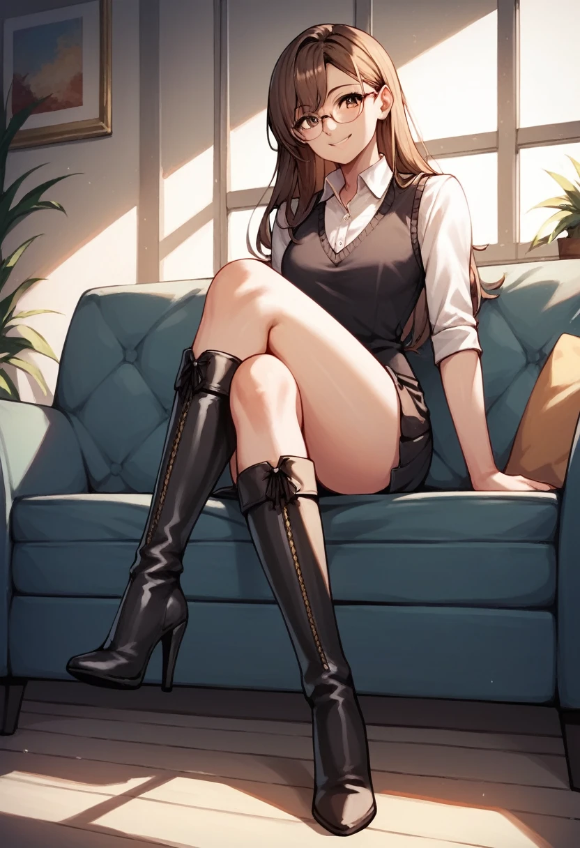 score_9, score_8_up, score_7_up, score_6_up, score_5_up, score_4_up, source_anime, 1girl,lora:amber1-000008:1>, amber5star, upper body, smile, brown hair, long hair, brown eyes, glasses, white blouse, black vest, knee high boots, tall stilletos, black boots, heels, crossed legs, looking at the viewer, sofa, sit, room, best quality, best res, 4K UHD,
 