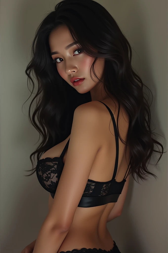 1 girl, long hair, black hair, big breasts, quality, Wearing transparent black lace underwear , She's soaked.