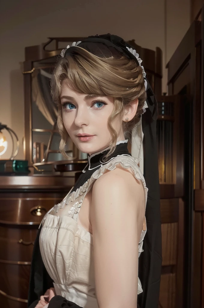 A mature woman in realistic portrait of high quality and detail, mature face, Ella Freya (model), Long black hair pulled back in a ponytail on her left shoulder. She also has blue eyes and beautiful makeup. She is wearing a black Victorian maid's dress and high-heeled shoes. So she wears round glasses with diopters. big breast, light and peaceful atmosphere, glow, eye shadow, 1girl, fantasy, Depth & Perspective, smiling on her face, Mystical powers, fine face, She stands in the middle of the bedroom, indoors, sunlight from windows, day time, looking at viewer, (ultra-high detail:1.2), Masterpiece, Best Quality, Ultra-detailed, Cinematic lighting, 8K, delicate features, cinematic, 35 mm lens, f/1.9, highlight lighting, global lighting –uplight –v 4, cinematic, Cinematic lighting, 8K, high quality, Highest Quality, (Solo Focus), (extremly intricate:1.3), (Realistic), masterful, Analog style, (Film grain:1.5), (warm hue, cold tone), 