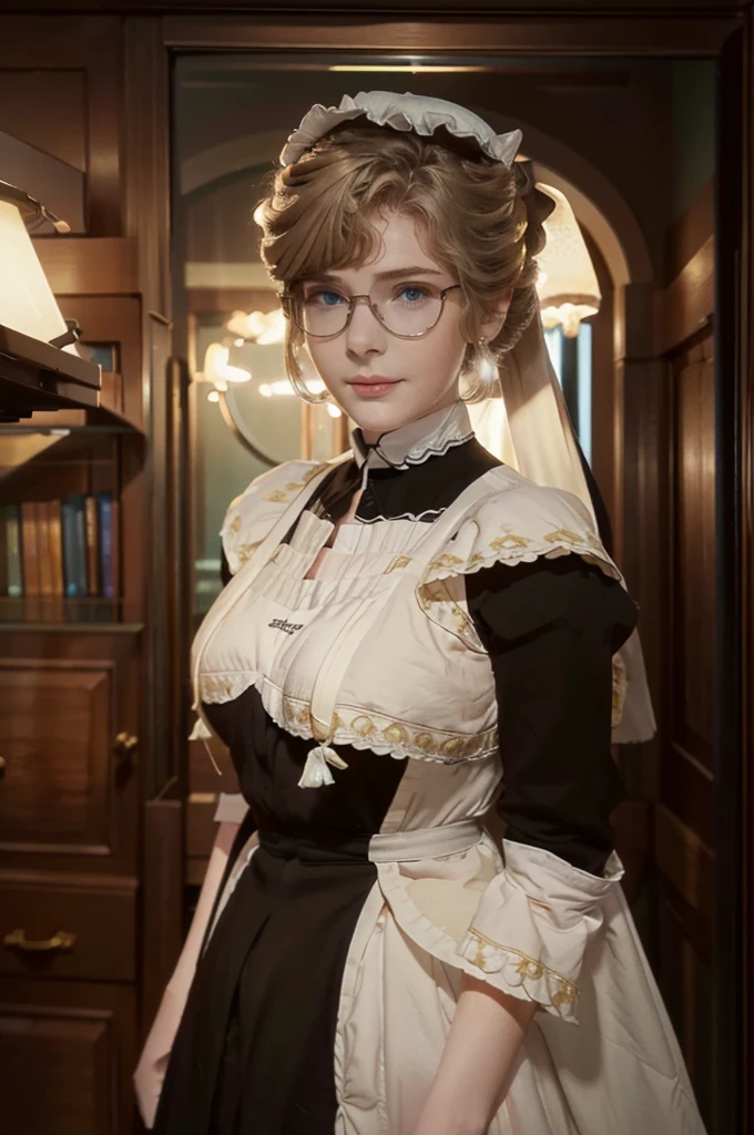 A mature woman in realistic portrait of high quality and detail, mature face, Ella Freya (model), Long black hair pulled back in a ponytail on her left shoulder. She also has blue eyes and beautiful makeup. She is wearing a black Victorian maid's dress and high-heeled shoes. So she wears round glasses with diopters. big breast, light and peaceful atmosphere, glow, eye shadow, 1girl, fantasy, Depth & Perspective, smiling on her face, Mystical powers, fine face, She stands in the middle of the bedroom, indoors, sunlight from windows, day time, looking at viewer, (ultra-high detail:1.2), Masterpiece, Best Quality, Ultra-detailed, Cinematic lighting, 8K, delicate features, cinematic, 35 mm lens, f/1.9, highlight lighting, global lighting –uplight –v 4, cinematic, Cinematic lighting, 8K, high quality, Highest Quality, (Solo Focus), (extremly intricate:1.3), (Realistic), masterful, Analog style, (Film grain:1.5), (warm hue, cold tone), 