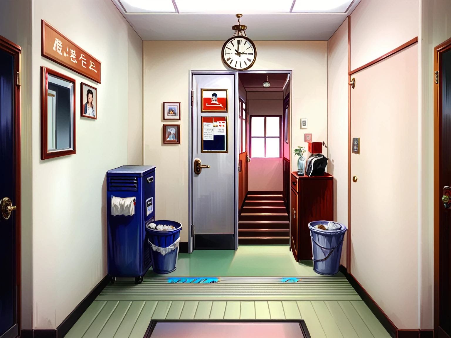 there is a door in a hallway with a trash can and a trash can, in a japanese apartment, interior background art, elevator, hallway landscape, indoor scene, small room, location in a apartment, va-11 hall-a, sterile minimalistic room, personal room background, house interior, photorealistic illustration, apartment hallway, interior of a small room