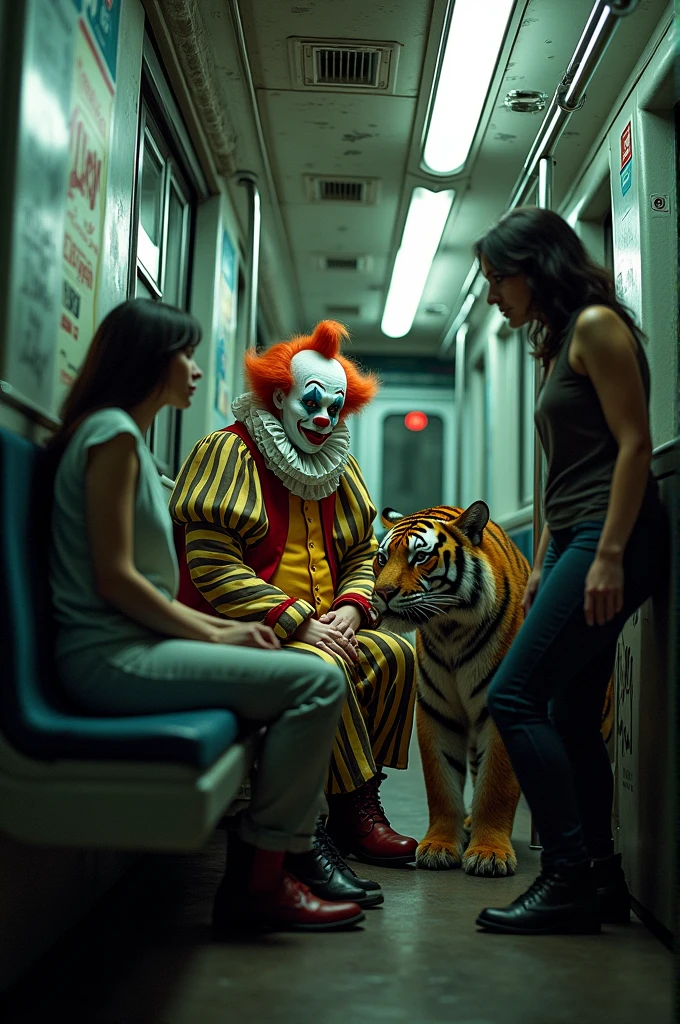 Clown sitting talking to a woman on a subway and wild animals around him