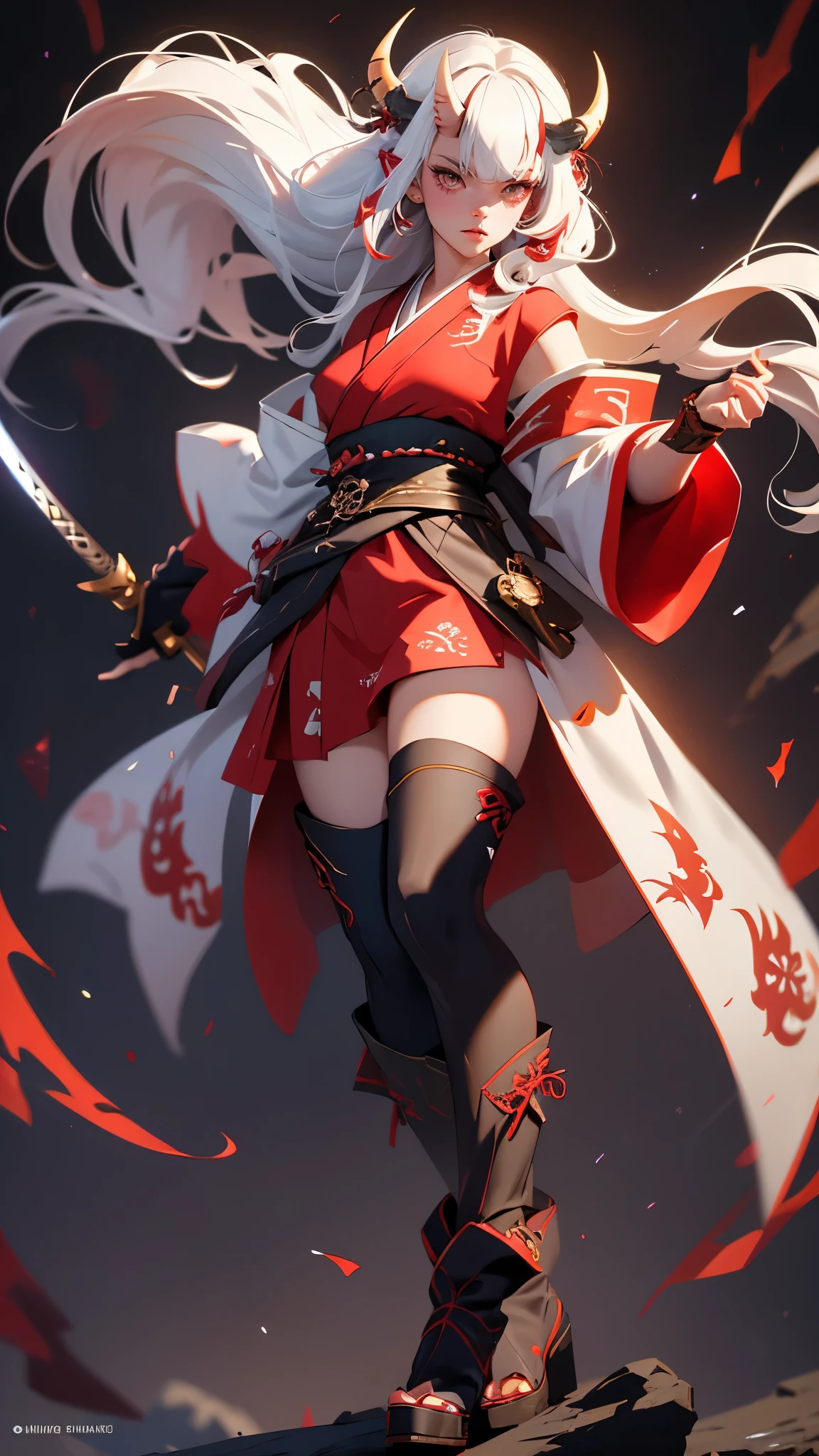 envision a 8k, highres, cinematic, beautiful Full Body Splash Art of a Lady with White hair, Multicolored hair, long bangs, red eyes, Japanese Robes, Swords on back, Oni Horns, Oni Mask, Tactical Skirt, Long Leather Boots, in dark lighting, against a dark gray background