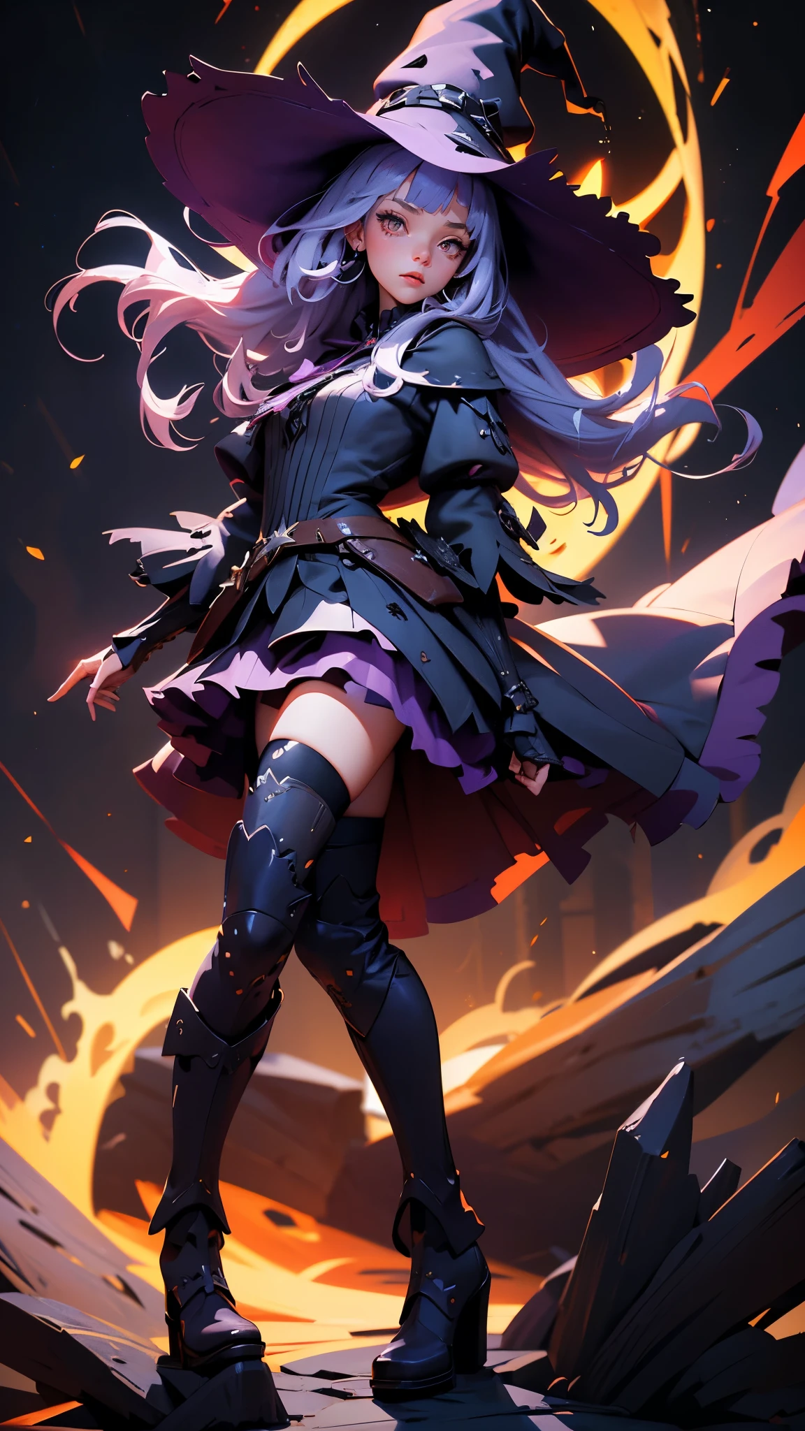 envision a 8k, highres, cinematic, beautiful Full Body Splash Art of a lady with light purple hair, long bangs, orange eyes, Witch Hat, Witch Dress, Tactical Skirt, Torn Tights, Long Leather Boots, in dark lighting, against a dark gray background