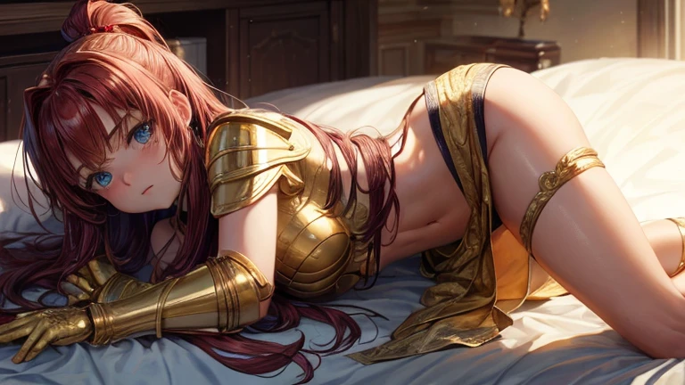 Lily Clins lies on a bed, face down, her stance defying the typical conventions of a warrior. His golden armor, although still visible, is partially stripped, revealing more of her skin and the fancy gold underwear she&#39;s wearing. The top of the corselet has been unbuttoned, leaving the neckline completely exposed while the rest of the armor rests to the side. Her hair, disordered by position, frames your face, And their eyes, intense and challenging, They address the viewer directly. The expression on his face mixes determination and a hint of defiance., as if challenging the observer to question his strength and role. The surrounding environment is subtly opulent., with details of the bed and the background that enhance the atmosphere of contrast between vulnerability and power.