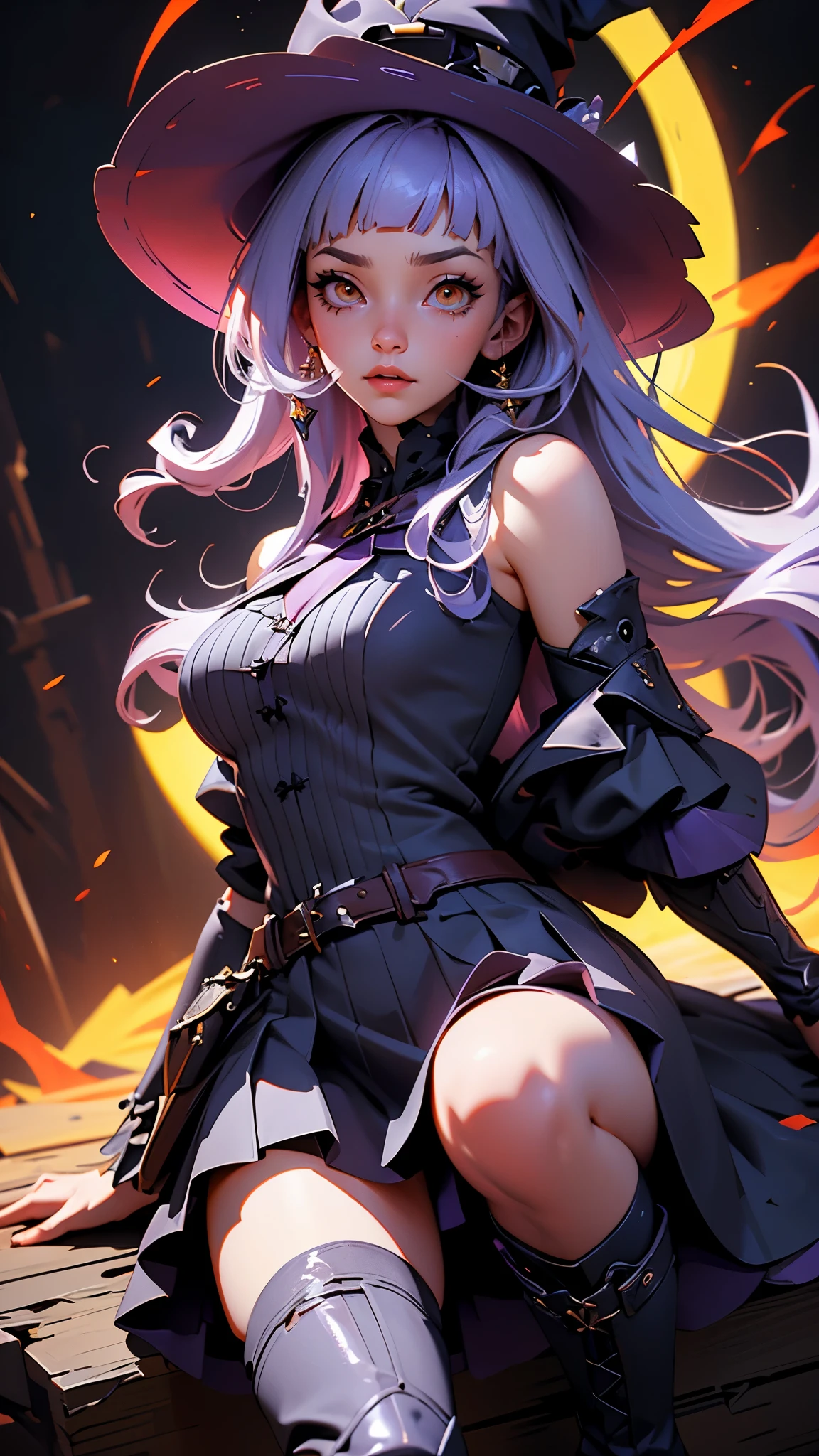 envision a 8k, highres, cinematic, beautiful Full Body Splash Art of a lady with light purple hair, long bangs, orange eyes, Witch Hat, Witch Dress, Tactical Skirt, Torn Tights, Long Leather Boots, in dark lighting, against a dark gray background