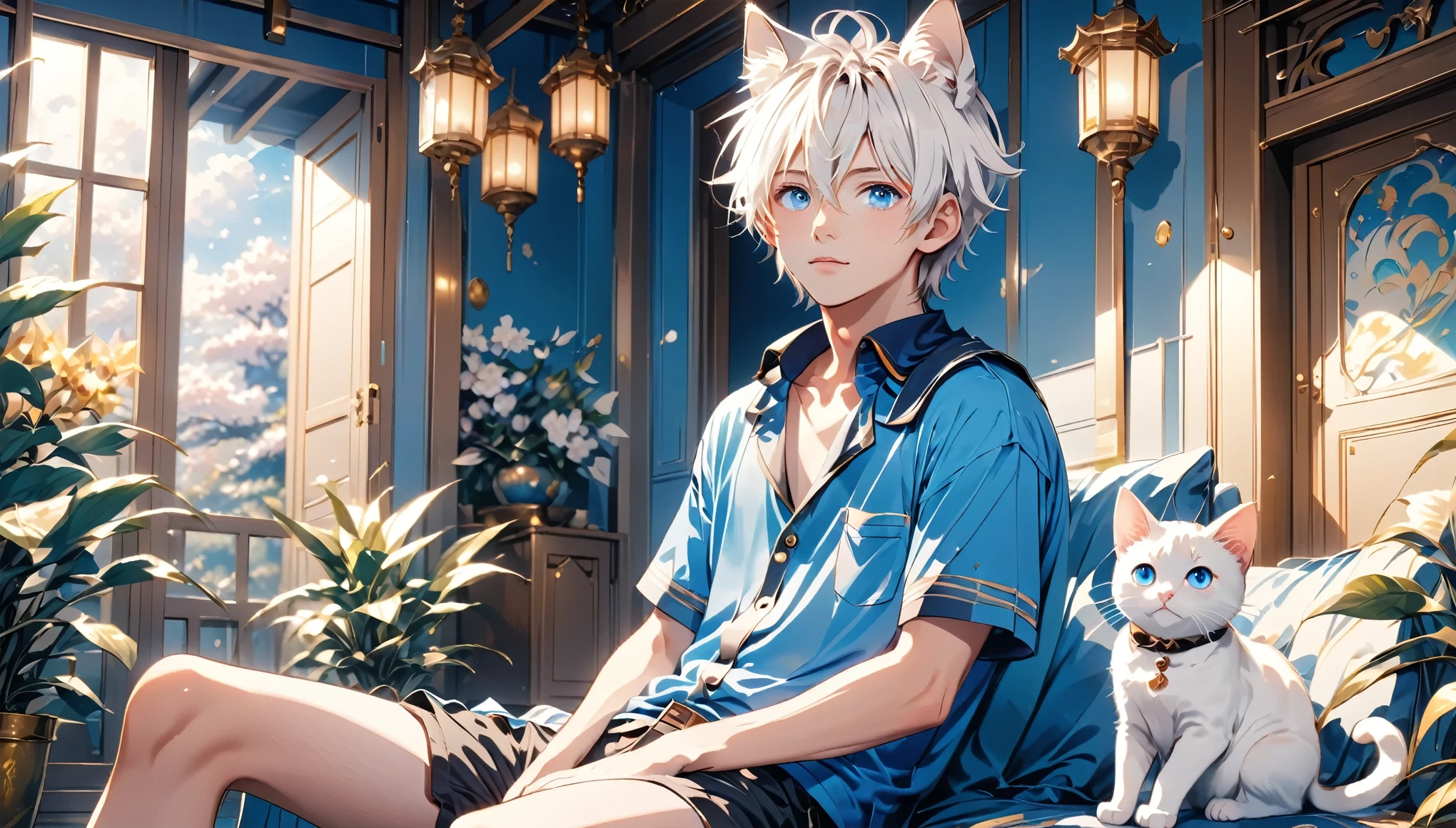 kawaii anime, 1boy, 1male, male focus, ikemen:1.2, white hair, short hair, ahoge, blue eyes, clear eyes, 20yo, cat ears:3, looking at you, looking up, baggy clothes, short sleeves, moesode, short pants, collar, sitting, wariza, cowboy shot, living room, masterpiece, amazing quality, very aesthetic, ultra detailed, from front, barefoot,