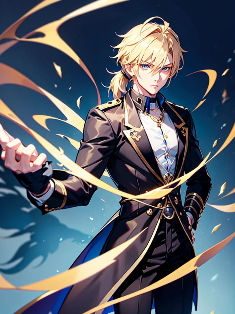 Anime attractive man, 20 year old, blonde hair, very very short ponytail, tall, muscular, solo, one person, dark blue gold-accented high-collared dress shirt with rolled up sleeves, black choker, dark blazer with gold lining and buttons unbuttoned with rolled up sleeves, long dark overcoat with a fur trim, rolled up sleeves, rolled up sleeves, rolled up sleeves, rolled up sleeves muscular, masculine face.