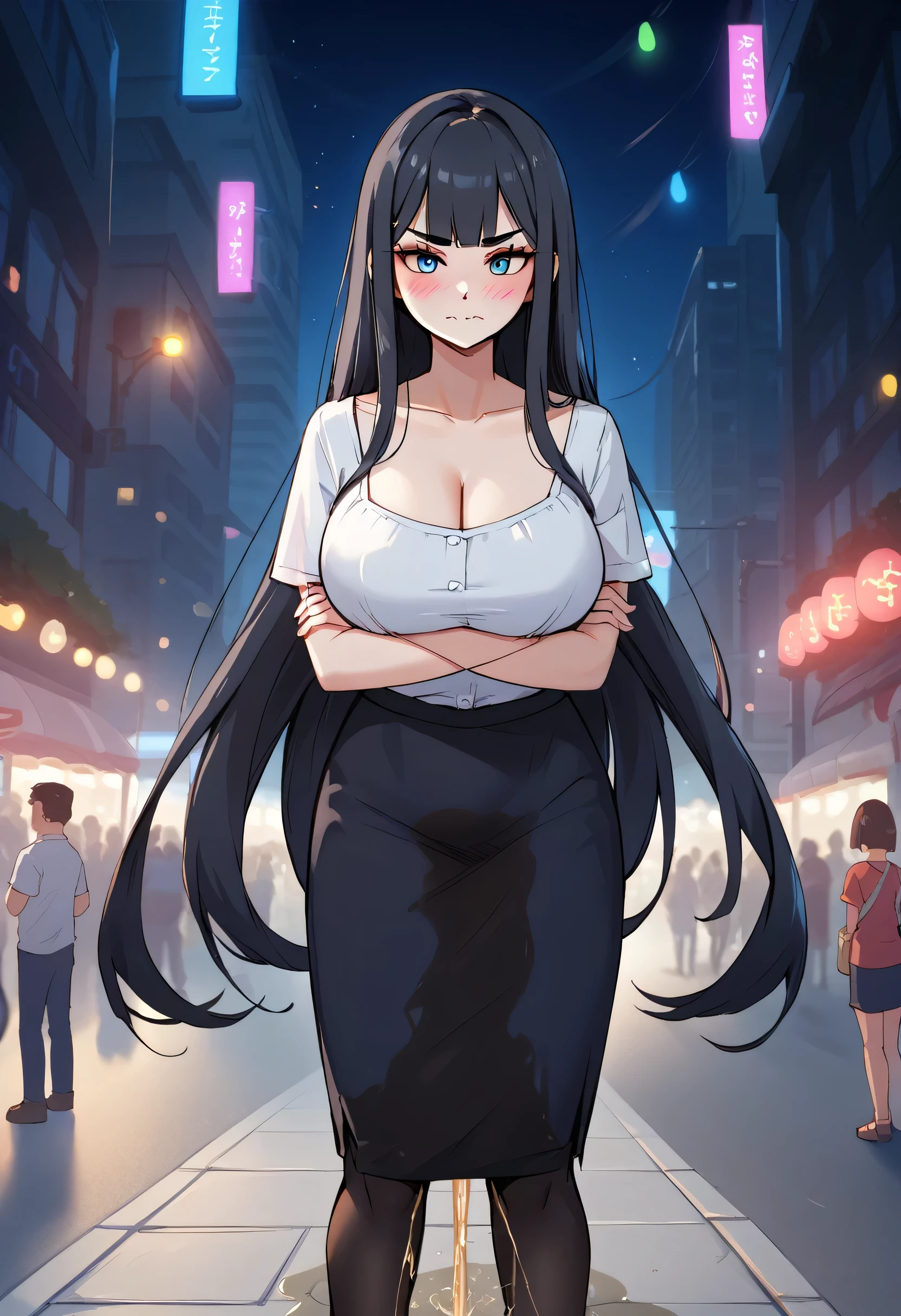 1girl, woman, (wetting self:1.5), desperation, (very long hair:1.5), straight hair, medium bangs, huge breasts, black hair, blue eyes, black pencil skirt, pantyhose, cleavage, (blushing:1.5), aroused, orgasm, smirk, wavy mouth, trembling, (arms crossed:1.5), city, street, crowd, night, futuristic, colorful lights, colorful city