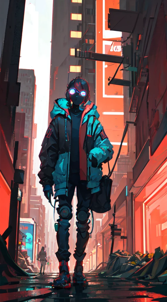 A cyberpunk robot looking at the camera, in the background a neon city
