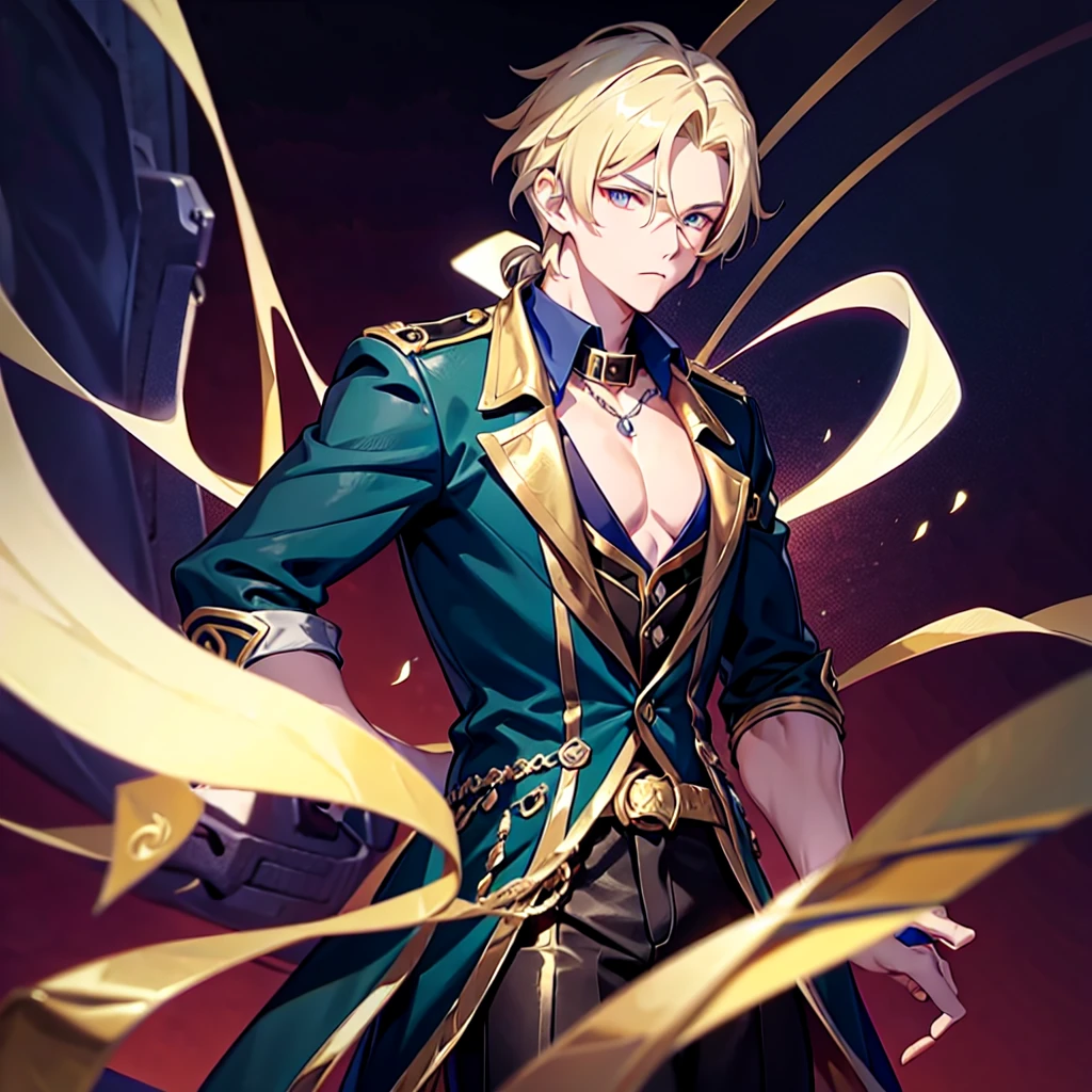 Anime attractive man, 20 year old, blonde hair, very very short ponytail, tall, muscular, solo, one person, dark blue gold-accented high-collared dress shirt with rolled up sleeves, black choker, dark blazer with gold lining and buttons unbuttoned with rolled up sleeves, long dark overcoat with a fur trim, rolled up sleeves, rolled up sleeves, rolled up sleeves, rolled up sleeves muscular, masculine face.