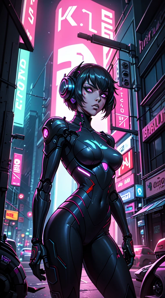 A cyberpunk robot looking at the camera, in the background a neon city, details of the well-developed robot, aggressive and detailed art style, deep light
