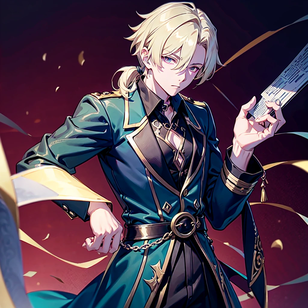 Anime attractive man, 20 year old, blonde hair, very very short ponytail, tall, muscular, solo, one person, dark blue high-collared dress shirt with rolled up sleeves, black choker, dark blazer with gold lining and buttons unbuttoned with rolled up sleeves, long dark overcoat with a fur trim, rolled up sleeves, rolled up sleeves, rolled up sleeves, rolled up sleeves muscular, masculine face.