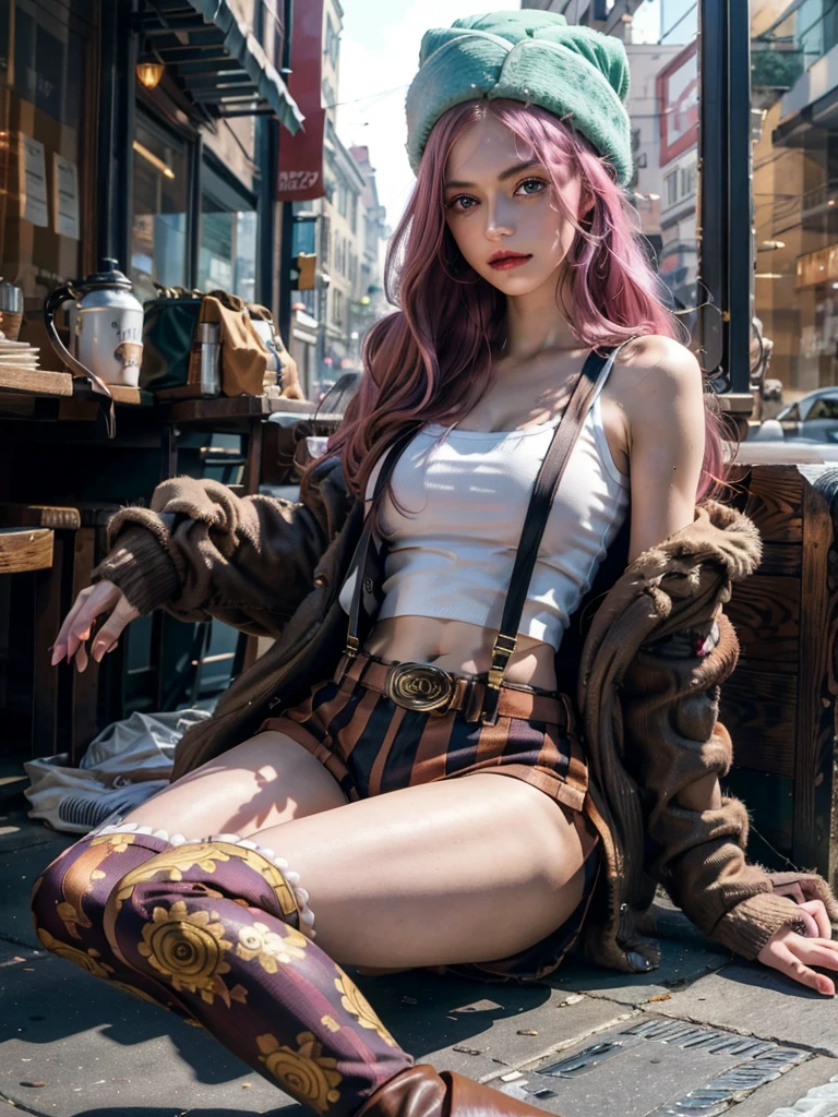 High resolution, CG, Sharp focus,(8k), (4K), (masterpiece), (Highest quality), Fantasy, Very detailed, Complex, Super detailed, (Perfect Face), figure,Soft lighting, High resolution, absurdists,Highest quality, Jewelry Bonney, lipstick, Purple eyes, Pink Hair, Long Hair, Green hat, White tank top, suspenders, Brown jacket, Knee socks, Striped shorts, Brown boots, Straight hair, Are standing、Upper body close-up、 NULL,One girl, solo, 