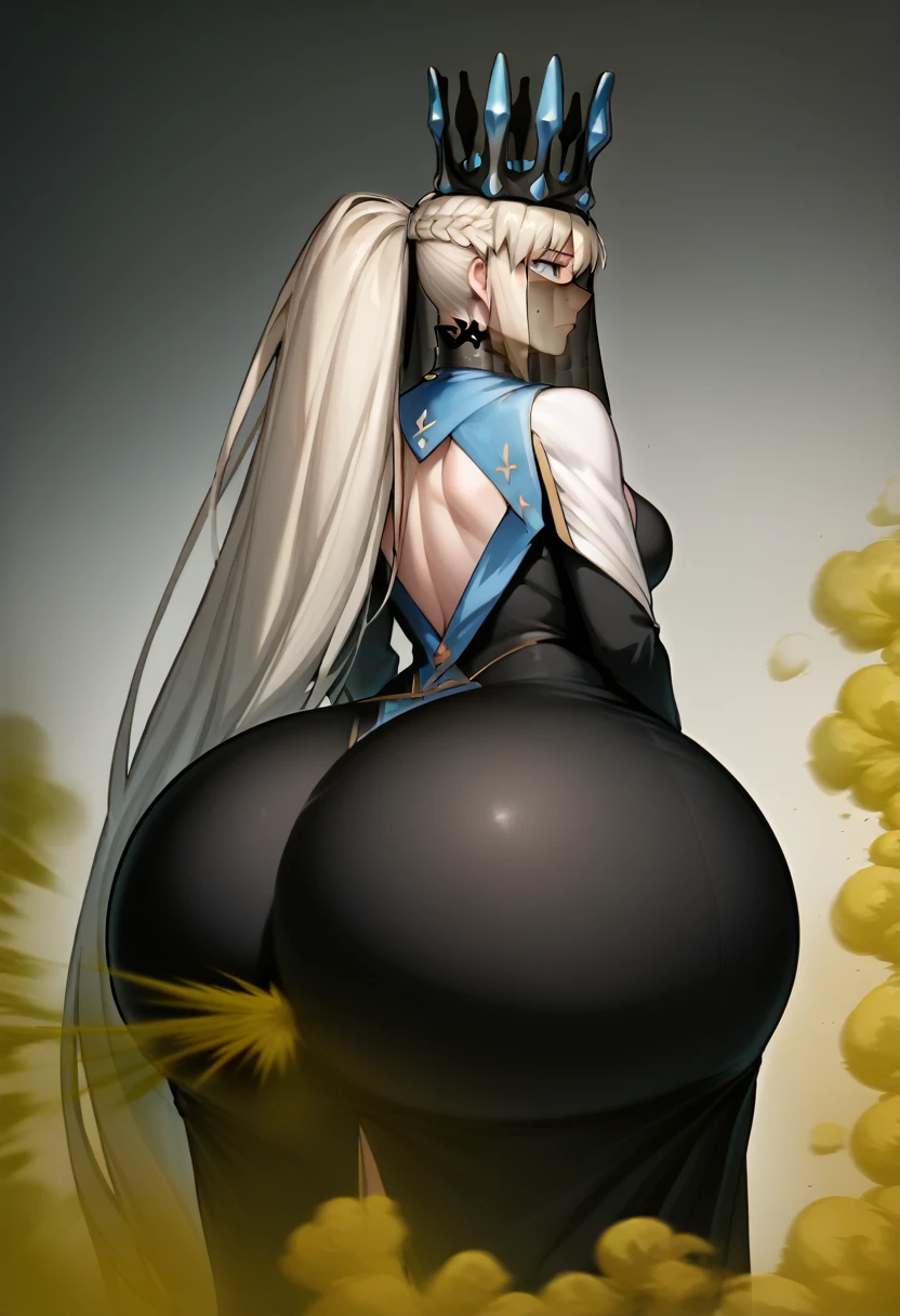 Highest quality, masterpiece, High Resolution, 1 girl, long hair, grey hair, blue eyes, very long hair, ponytail, Split ponytail, french braid, Crown, veil, spiked collar, black dress, Ass, hyper Ass, huge Ass, big ass, wide hip, gigantic ass, fart, farting, yellow_smoke, yellow_gas, sprays,