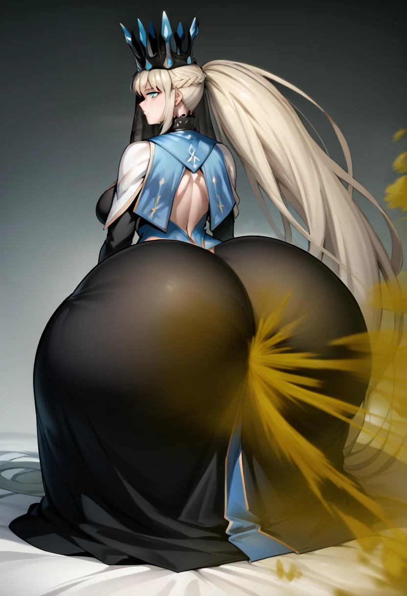 Highest quality, masterpiece, High Resolution, 1 girl, long hair, grey hair, blue eyes, very long hair, ponytail, Split ponytail, french braid, Crown, veil, spiked collar, black dress, Ass, hyper Ass, huge Ass, big ass, wide hip, gigantic ass, fart, farting, yellow_smoke, yellow_gas, sprays,