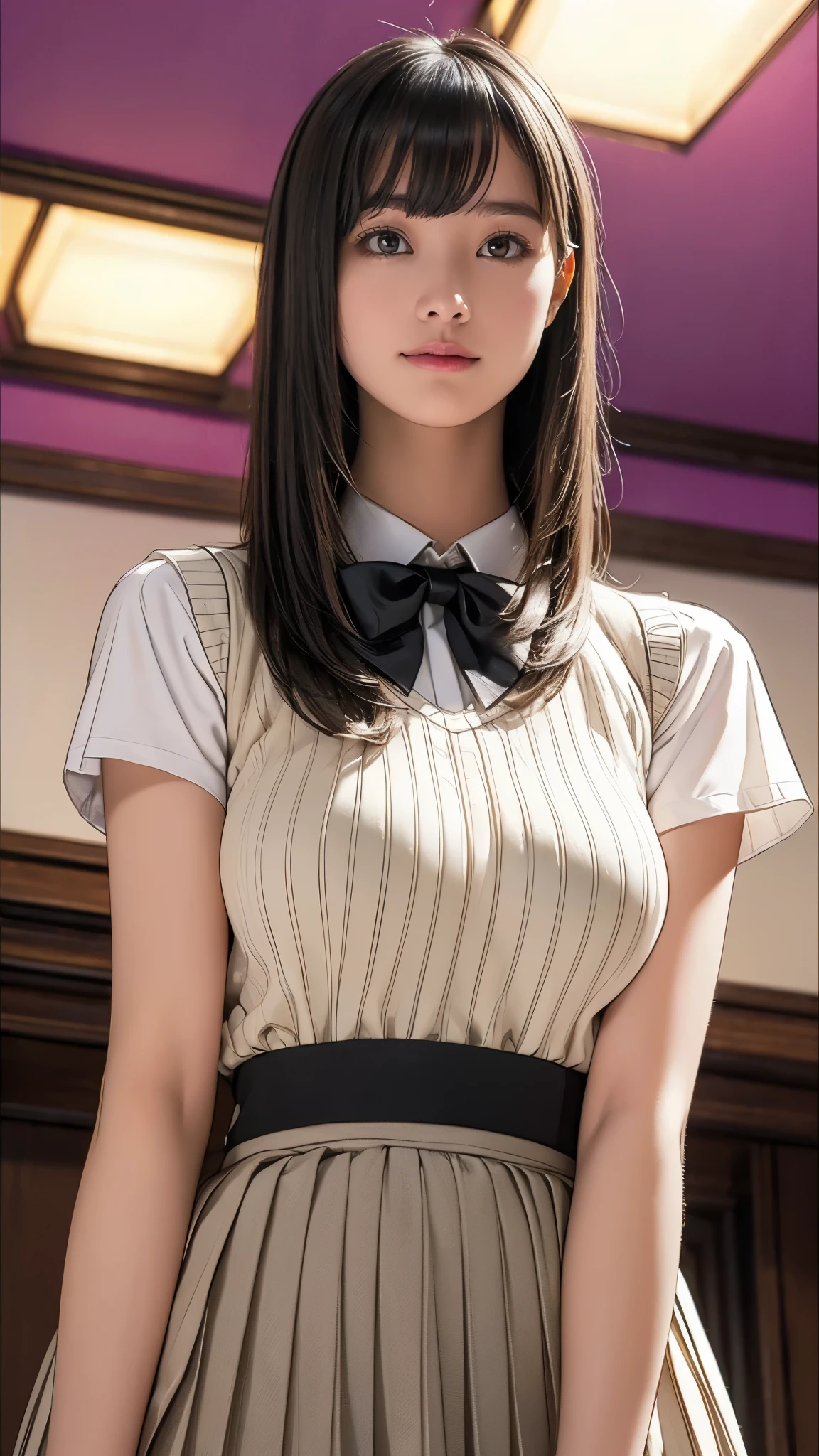 From the back、8k、Highest quality、(masterpiece:1.2)、Genuine、Super Fine、Ultra-high resolution、1 person、Beautiful Face、Perfect body、((black Bob))、Waistline、(Waist Slim:1.3)、Beautiful Skin、Skin Texture、Floating Hair、(((High School Uniform)))、classroom、blush、((Full Body Shot))、high school girl、white tank top、Panty shot、white panties,The texture of the thin cotton material and the wrinkles in the panties are expressed in detail.、Fine and beautiful hair texture、Detailed depiction of large pink areola、Standing in the classroom,Yoshizuki_Iori School_uniform_purple_shirt_green_skirt_white_neckerchief_black_Knee socks、Showing her