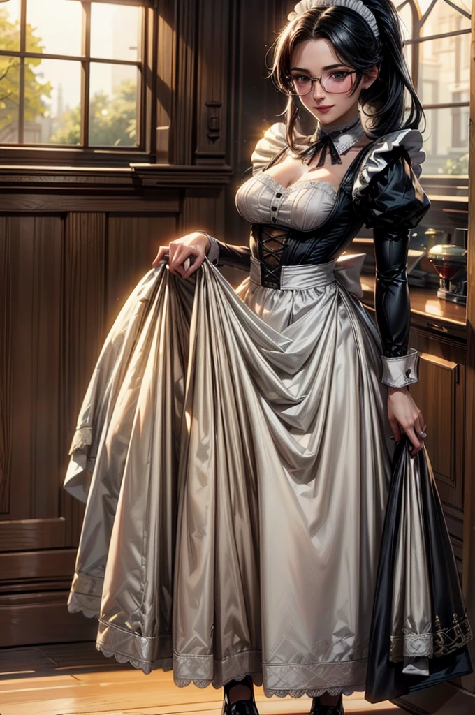 A mature woman in realistic portrait of high quality and detail, anime style, mature face, Long black hair pulled back in a ponytail on her left shoulder. She also has blue eyes and beautiful makeup. She is wearing a black Victorian maid's long dress and high-heeled shoes. So she wears round glasses with diopters. big breast, light and peaceful atmosphere, glow, eye shadow, 1girl, fantasy, Depth & Perspective, smiling on her face, Mystical powers, fine face, She stands in the the bedroom, indoors, sunlight from windows, day time, looking at viewer, (ultra-high detail:1.2), Masterpiece, Best Quality, Ultra-detailed, Cinematic lighting, 8K, delicate features, cinematic, 35 mm lens, f/1.9, highlight lighting, global lighting –uplight –v 4, cinematic, Cinematic lighting, 8K, high quality, Highest Quality, (Solo Focus), (extremly intricate:1.3), (Realistic), masterful, Analog style, (Film grain:1.5), (warm hue, cold tone), 